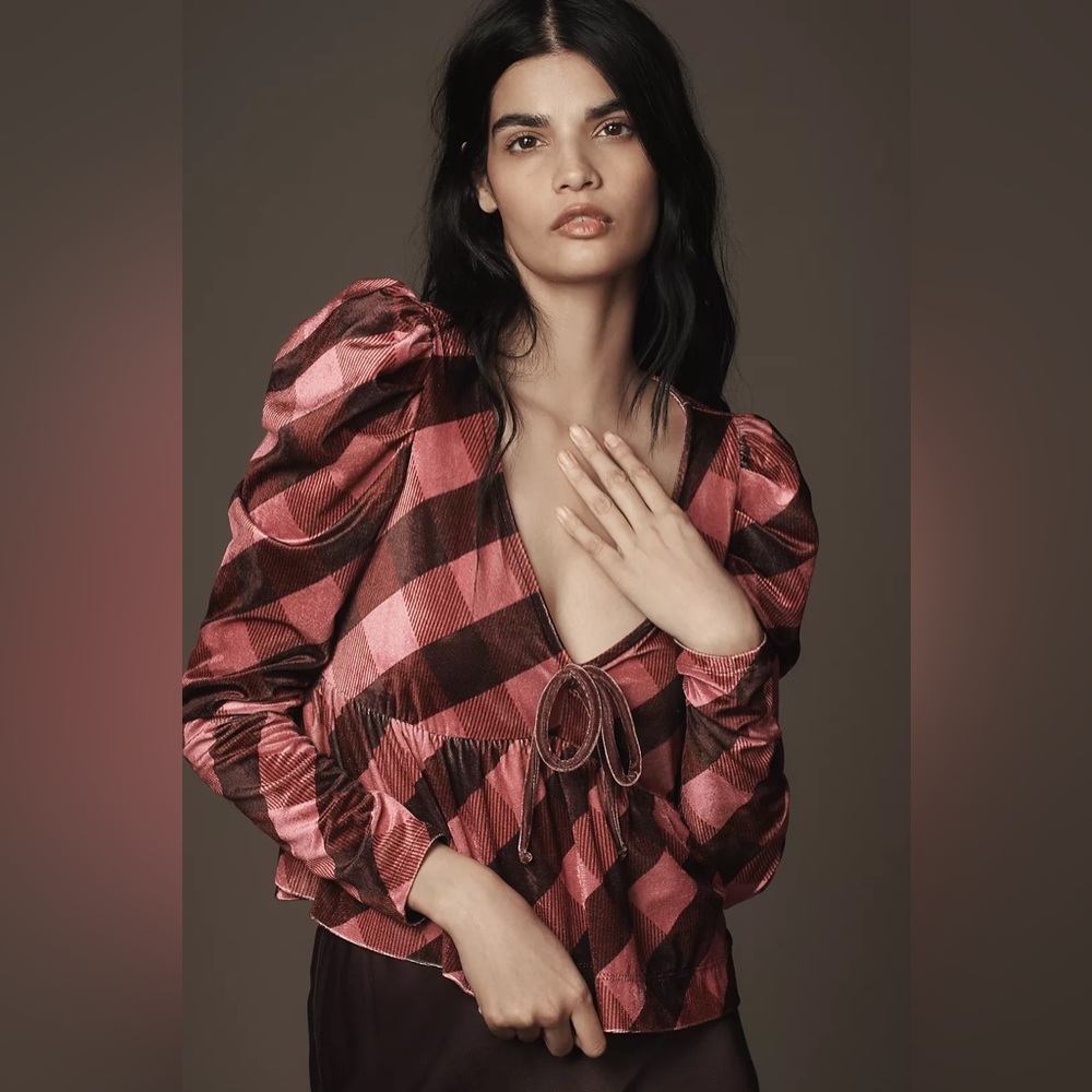 NWT Maeve Velvet Babydoll Top Plaid Puff Sleeve Size Large